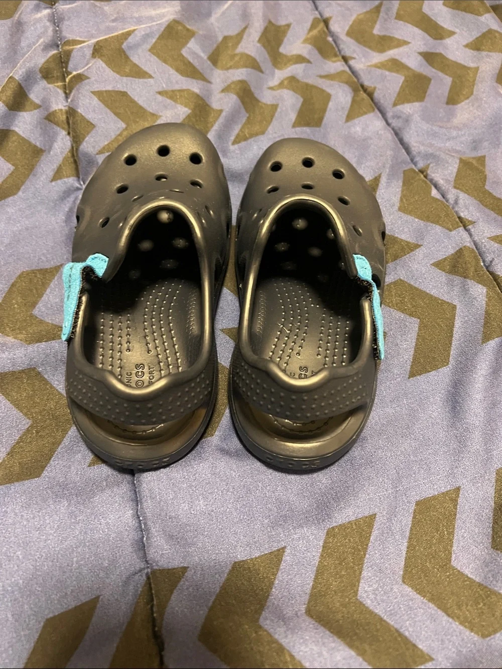 CROCS Kids Black Clogs with Blue Heel Straps